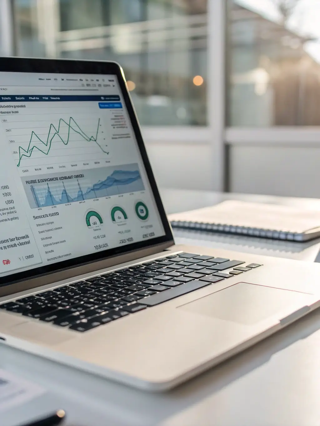 A laptop displaying analytics dashboards, showcasing lead generation and conversion rates, with a focus on optimizing online presence.