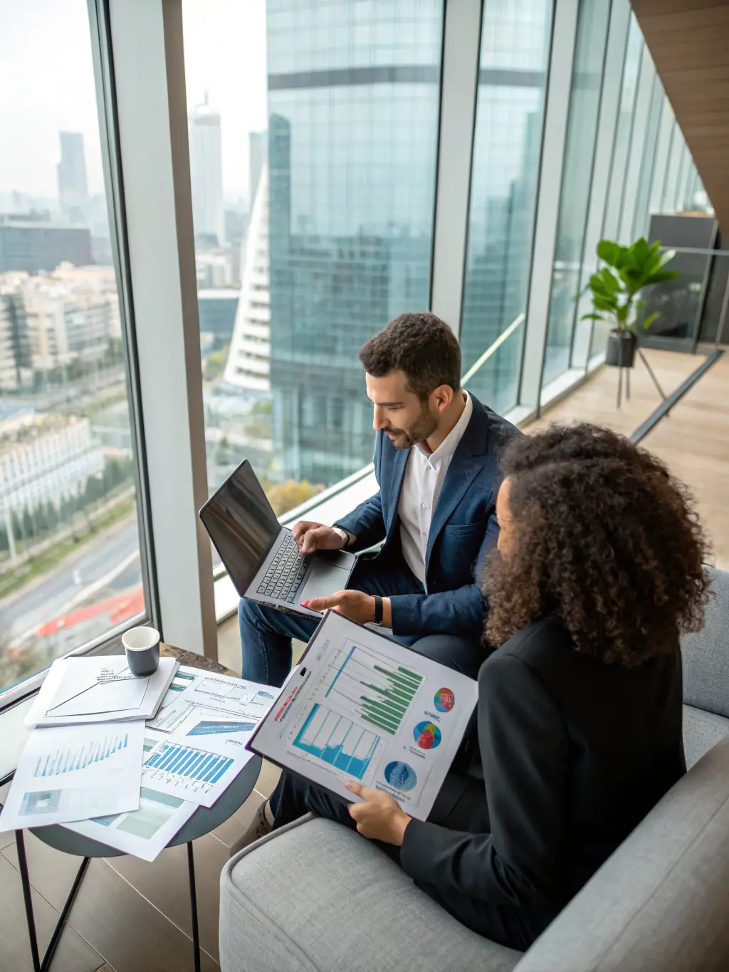 A consultant in a modern office setting, reviewing business performance data on a tablet, with a focus on strategic planning and analysis.