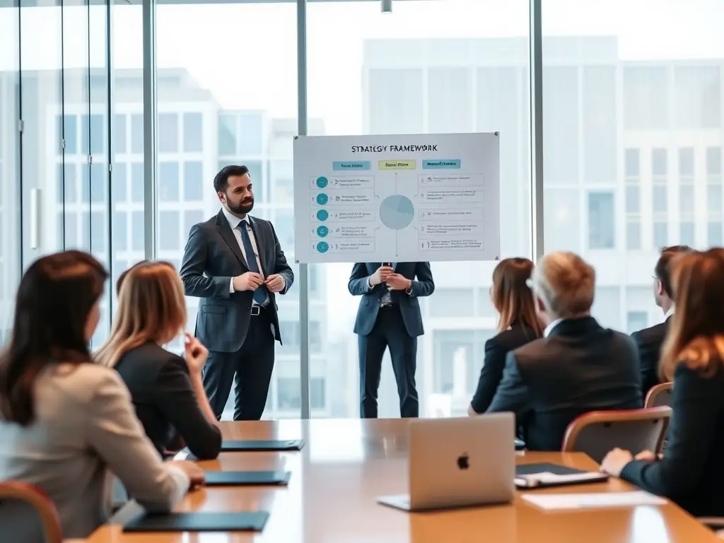An image of a professional consultant presenting a strategic plan on a whiteboard in a modern office setting, illustrating business strategy development.