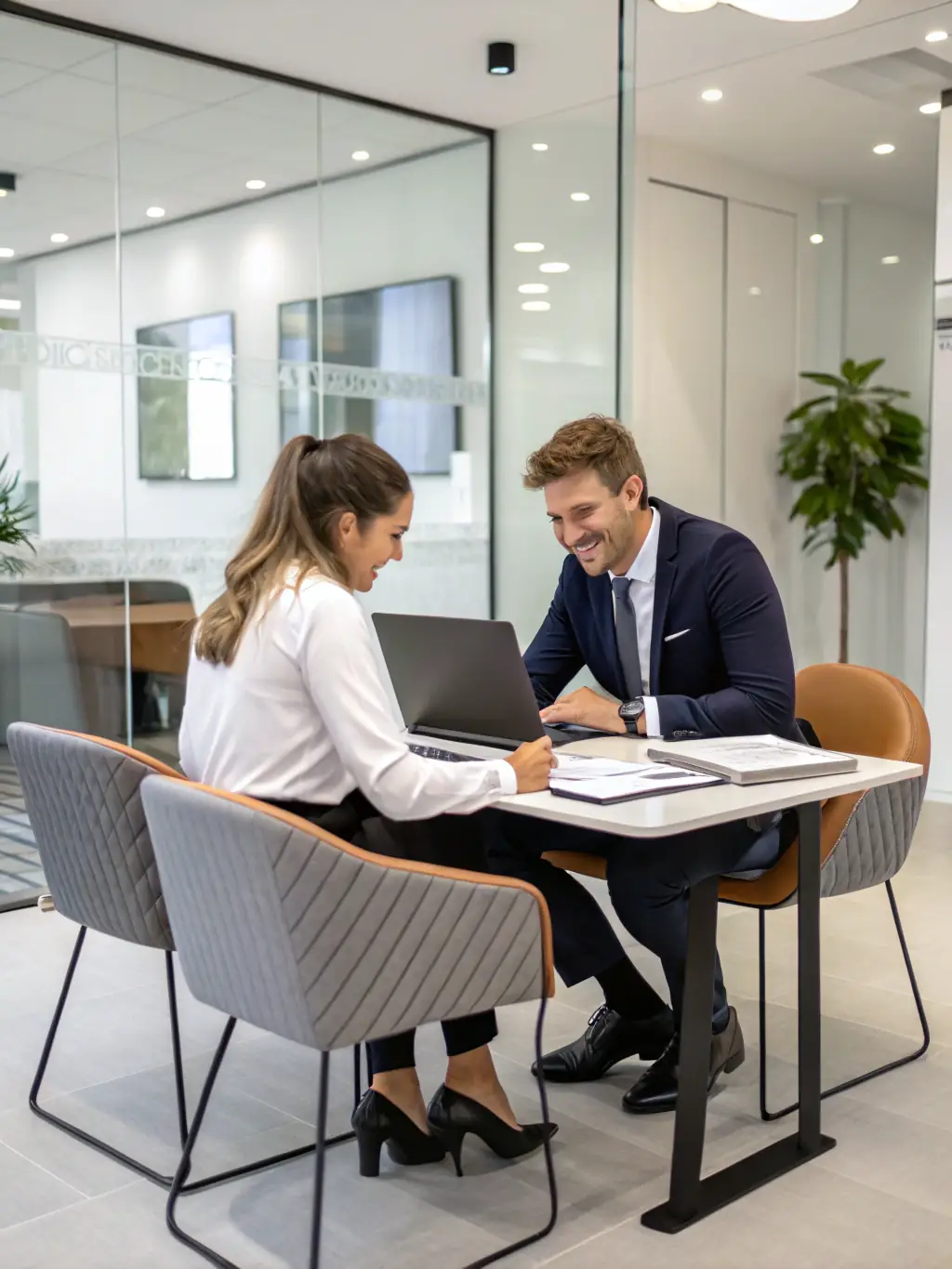 A consultant interacting with a client, discussing feedback and loyalty programs, with a focus on client engagement and retention.